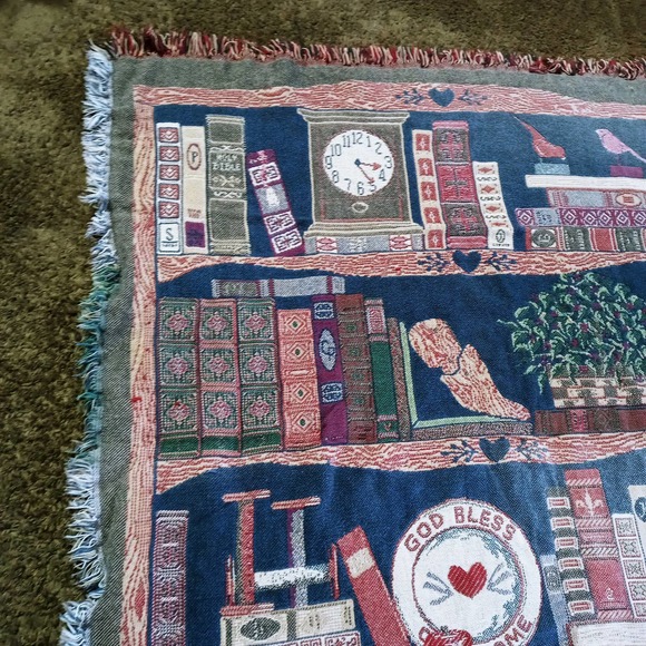 Bookcase Afghan CFCA Throw Blanket God Bless Our Home Teddy Bear Plane Book (su1 - Picture 3 of 7